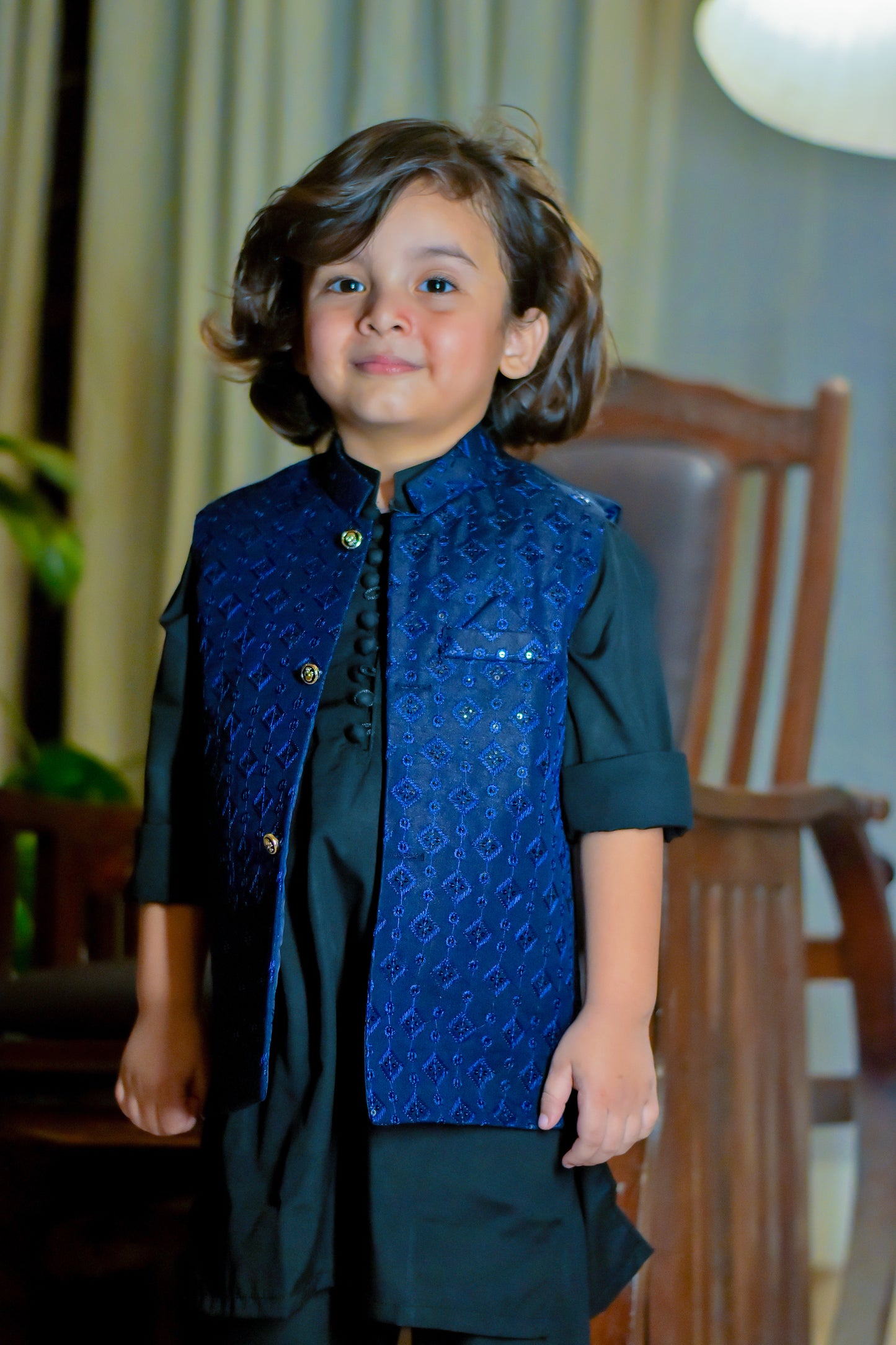Black kurta pajama with blue waistcoat