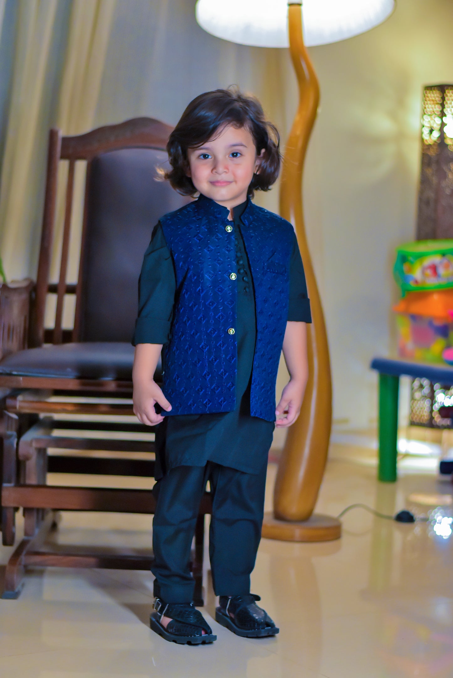 Black kurta pajama with blue waistcoat