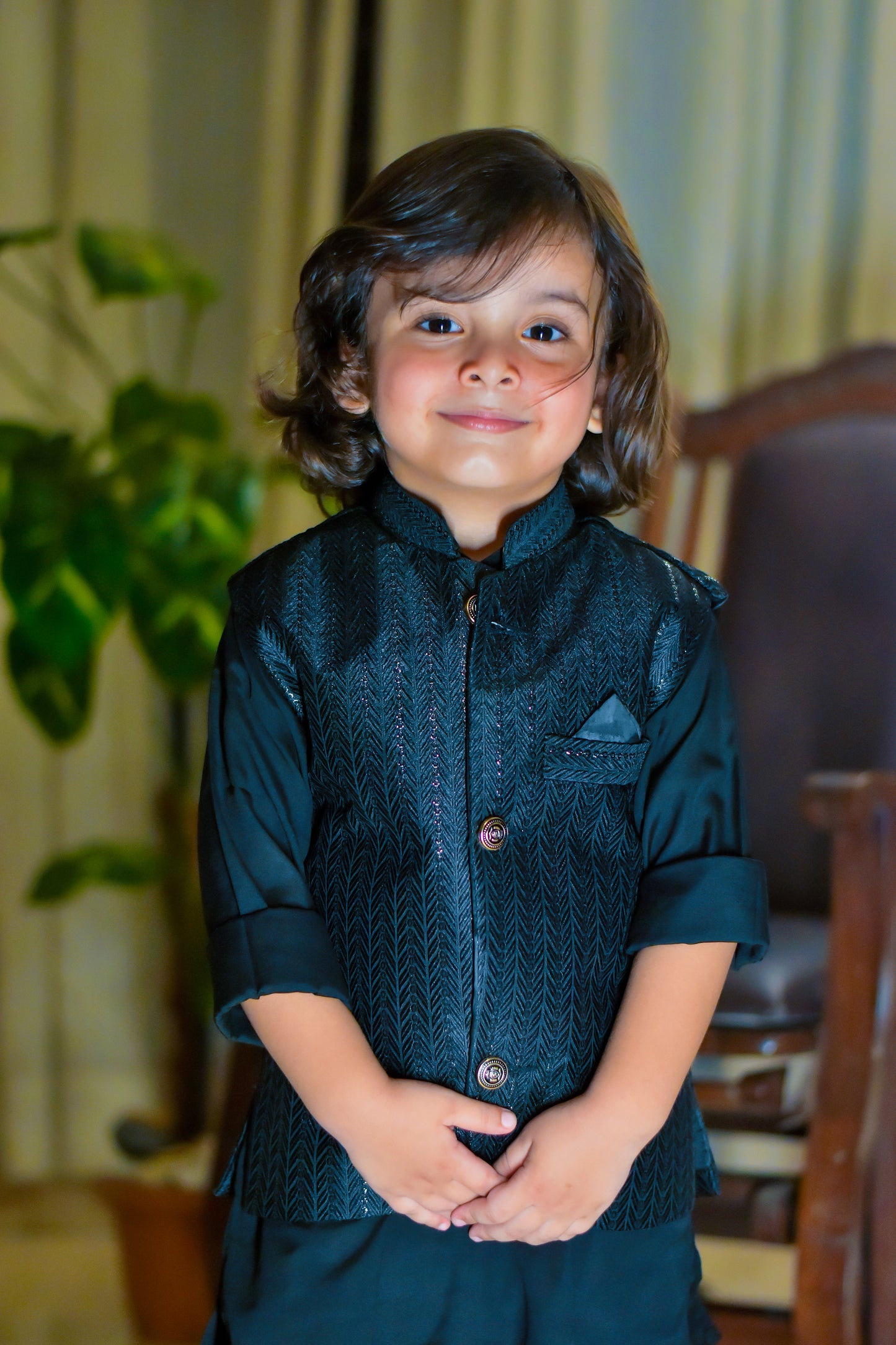 Black sequence waistcoat with black kurta pajama
