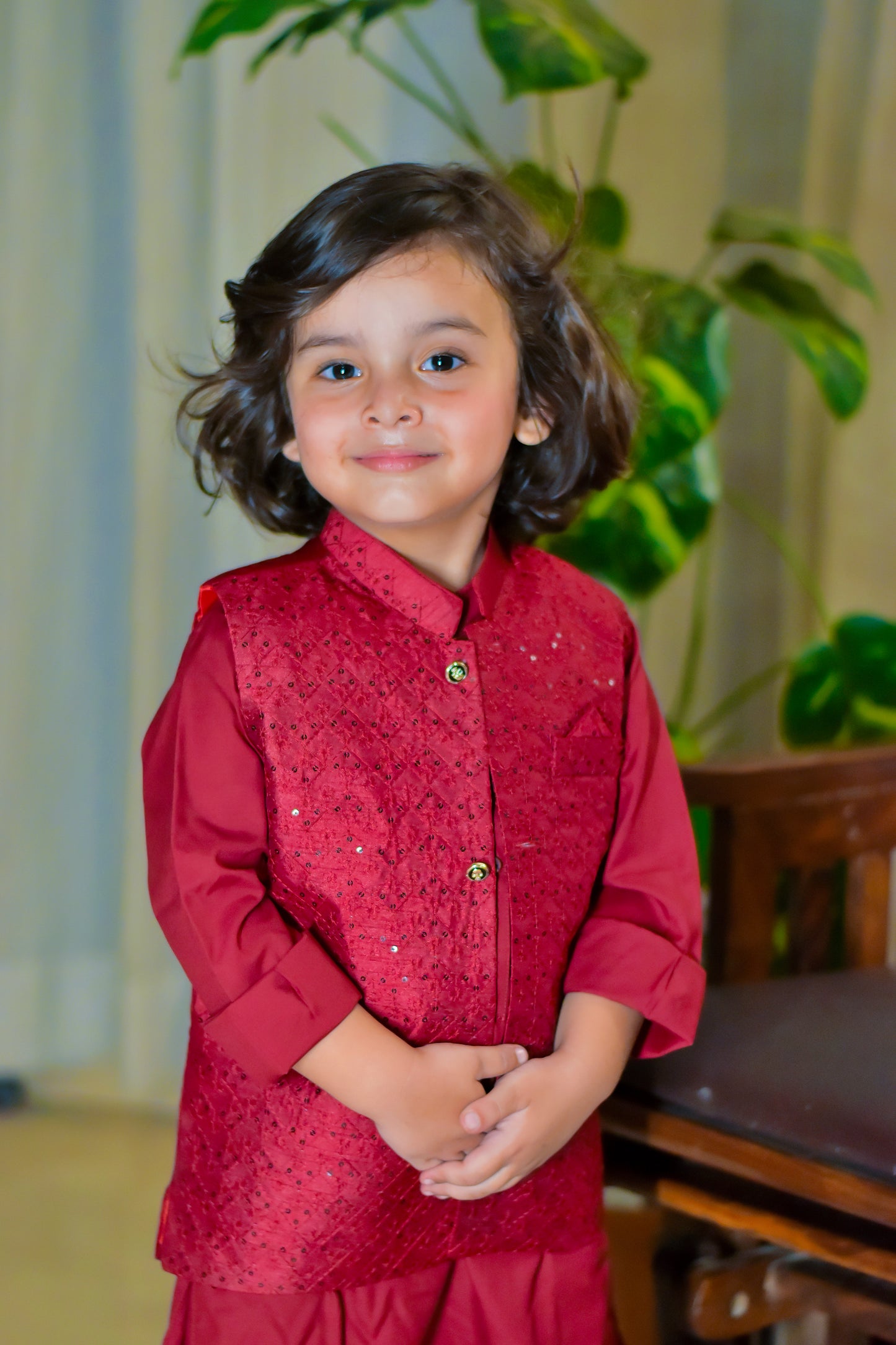Red kurta pajama with waistcoat
