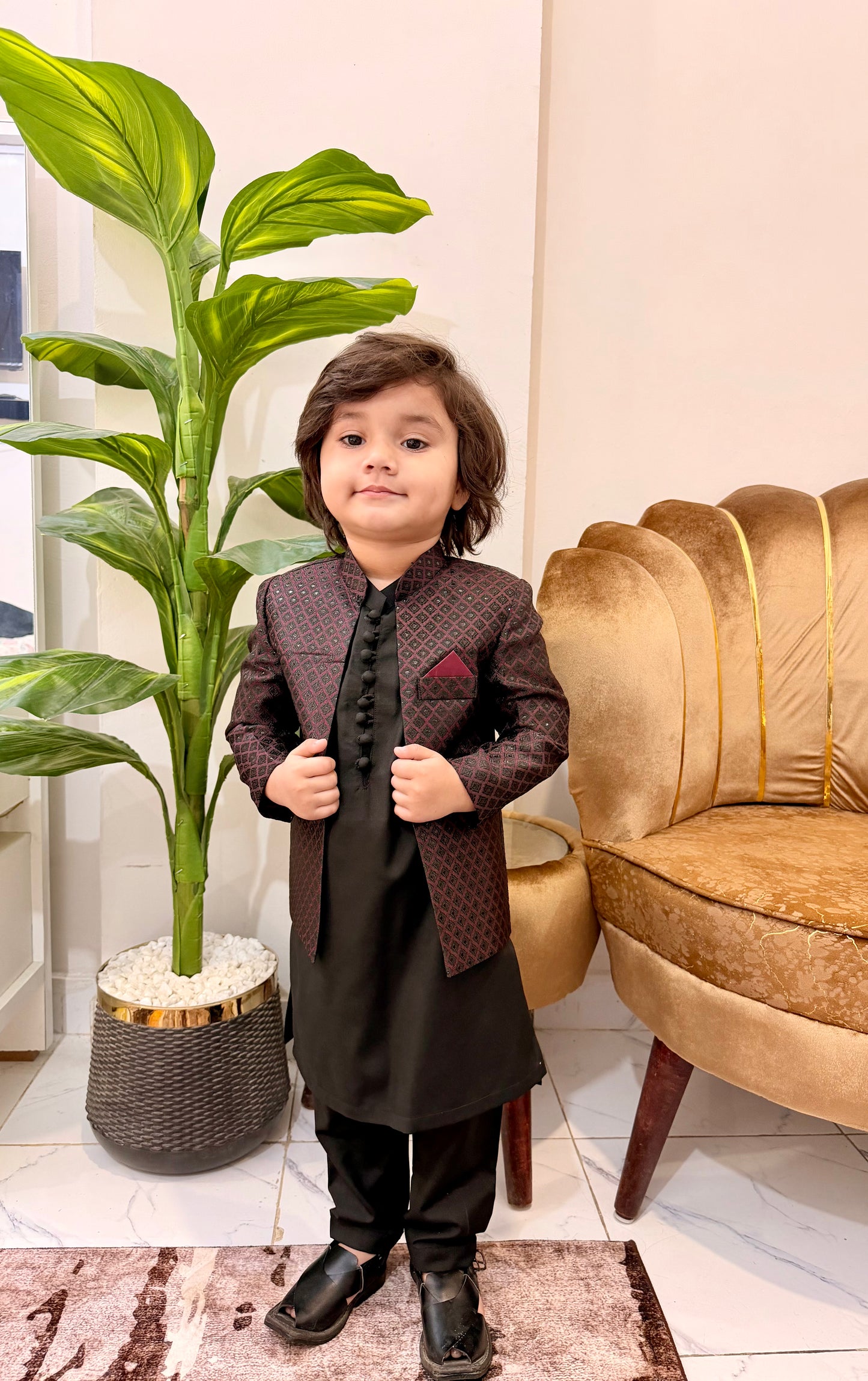 Maroon Prince Coat With Black Suit