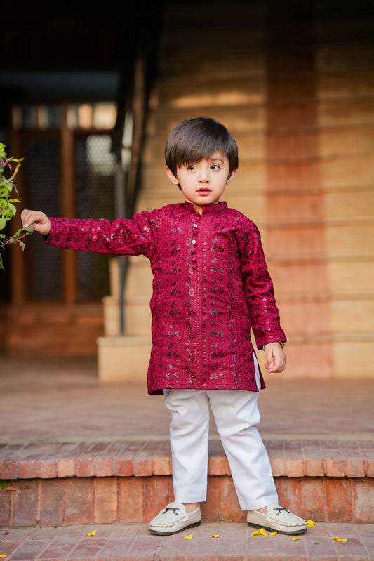 Kids Maroon Designer Kurta Pajama