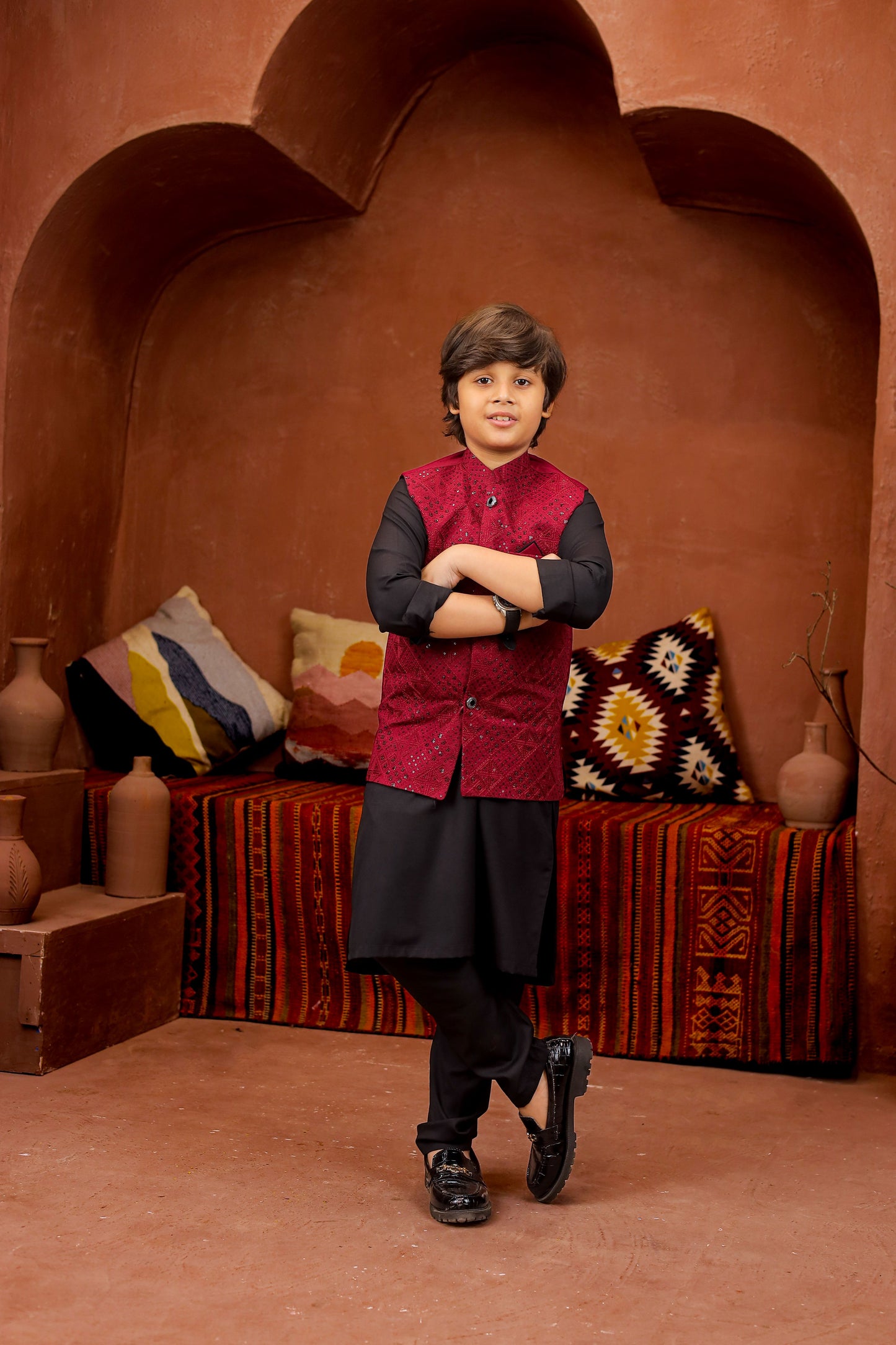 Maroon waiscoat with black kurta pajama