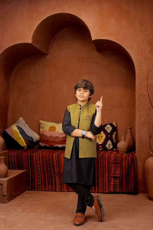 Golden waiscoat with black kurta pajama