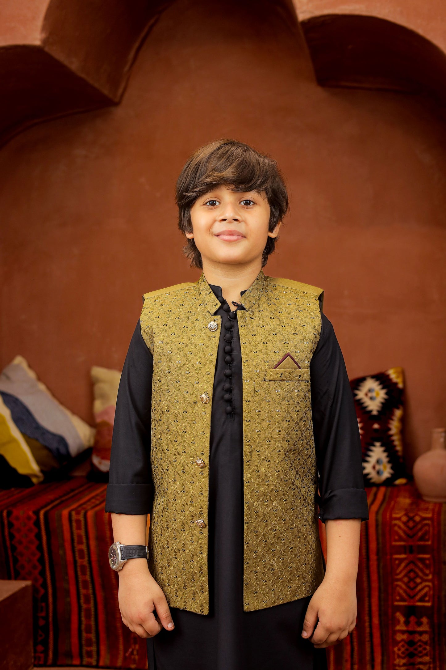 Golden waiscoat with black kurta pajama