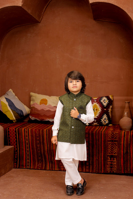 Green waiscoat with white kurta pajama
