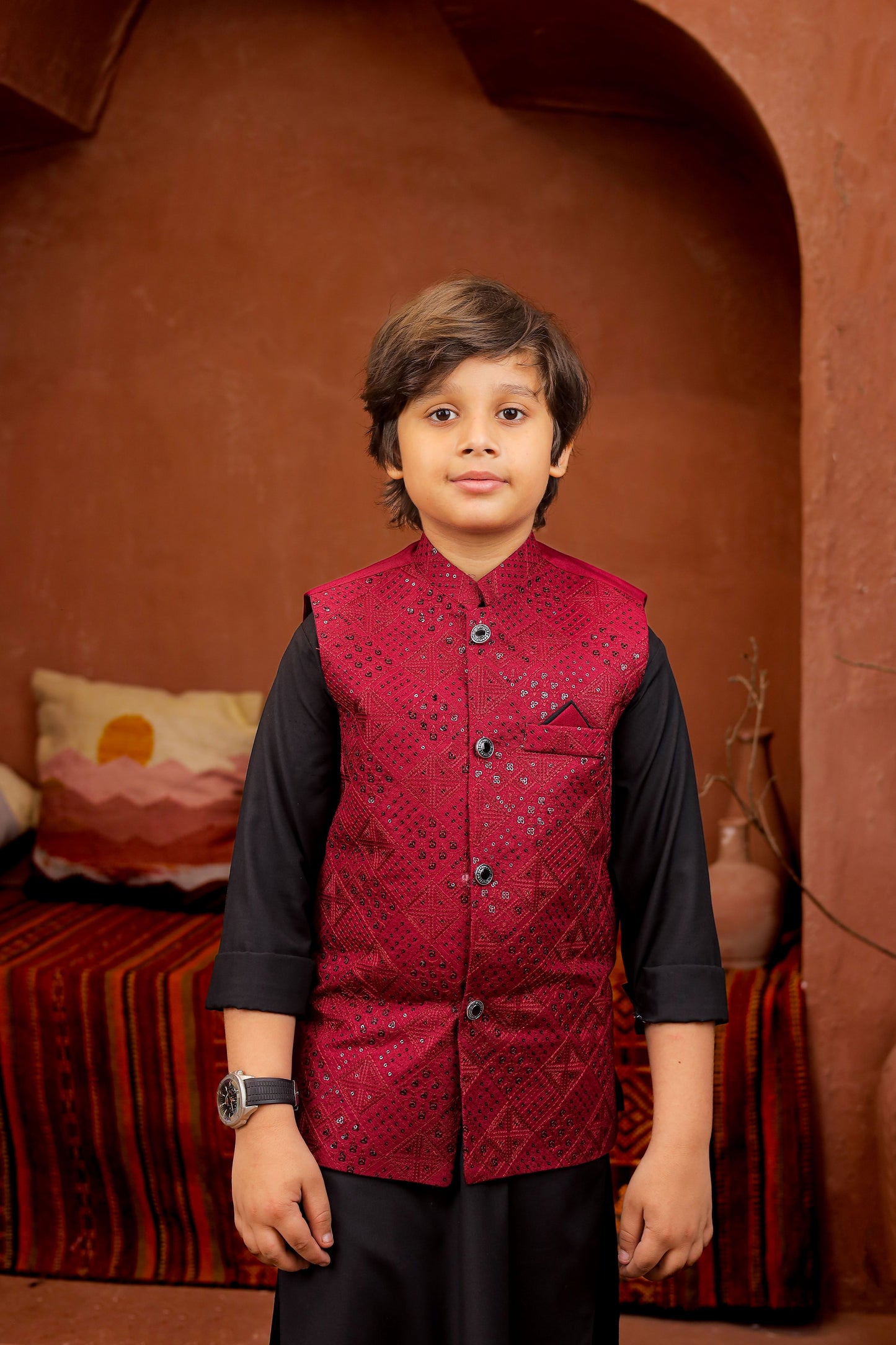 Maroon waiscoat with black kurta pajama