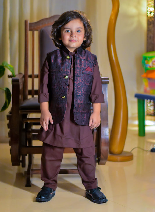 Maroon kurta pajama with waistcoat