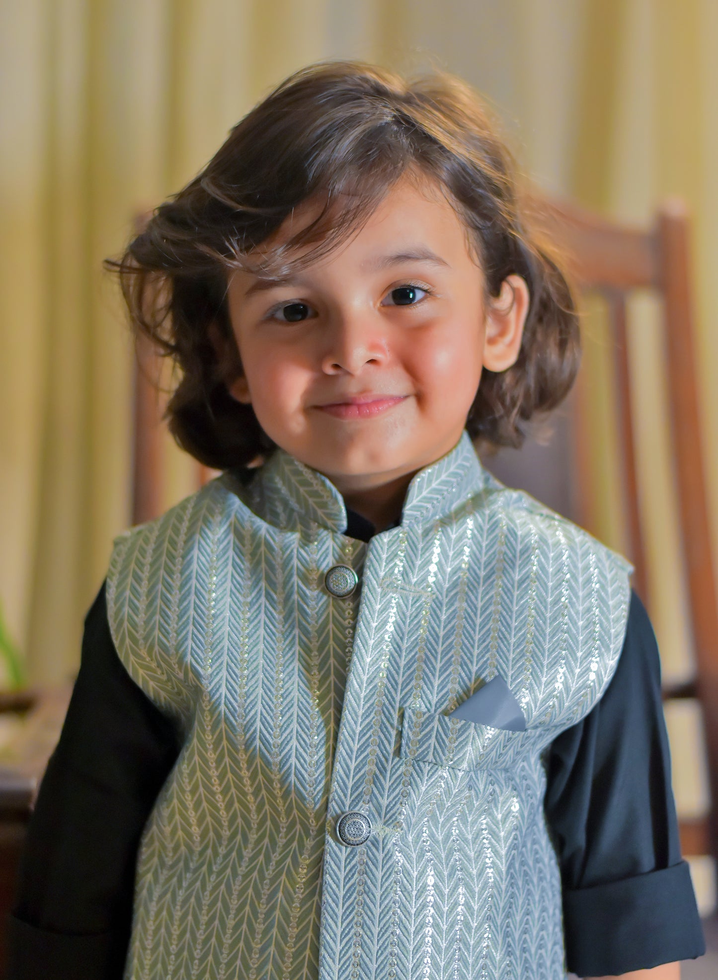 Grey sequence waistcoat with black kurta pajama