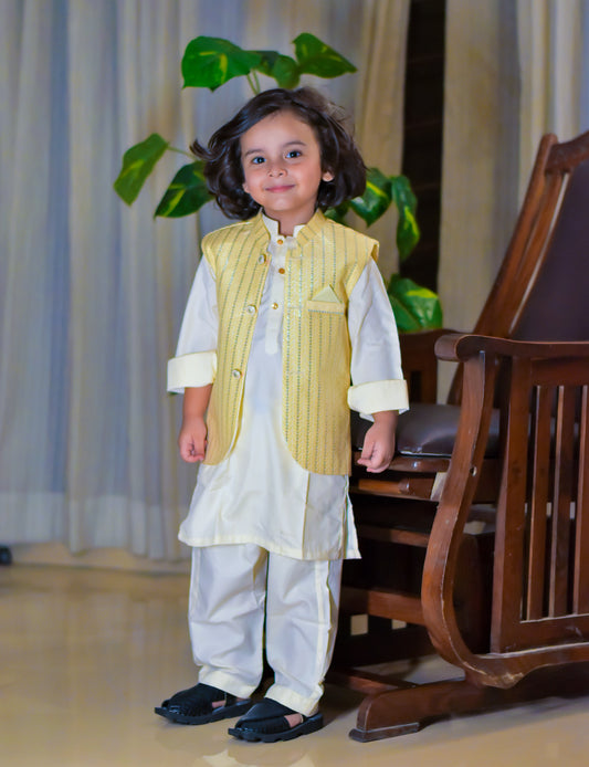 Cream waistcoat with cream kurta pajama