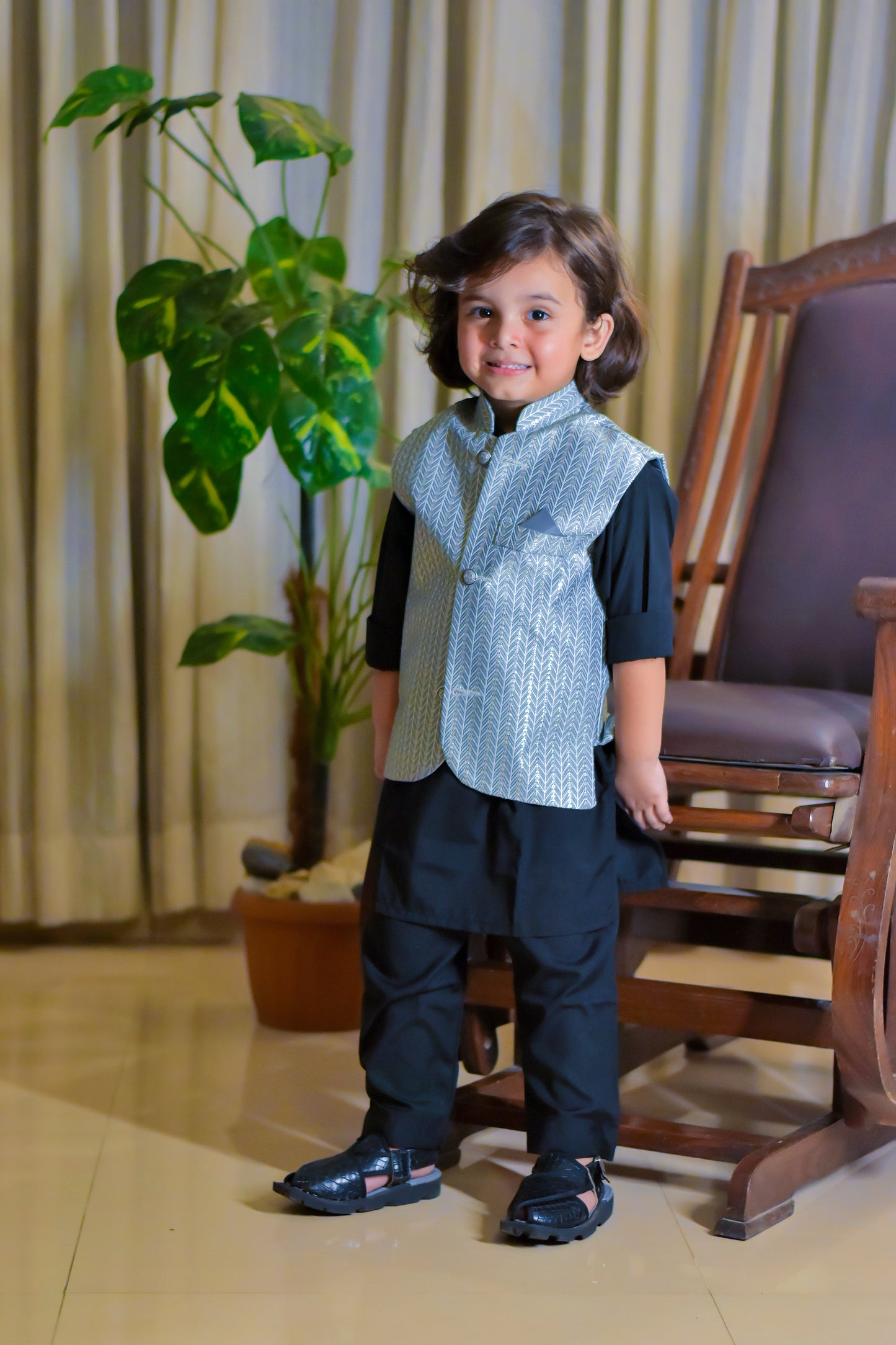 Grey sequence waistcoat with black kurta pajama