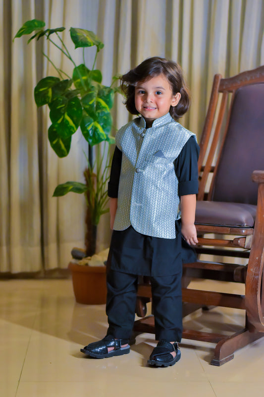 Grey sequence waistcoat with black kurta pajama
