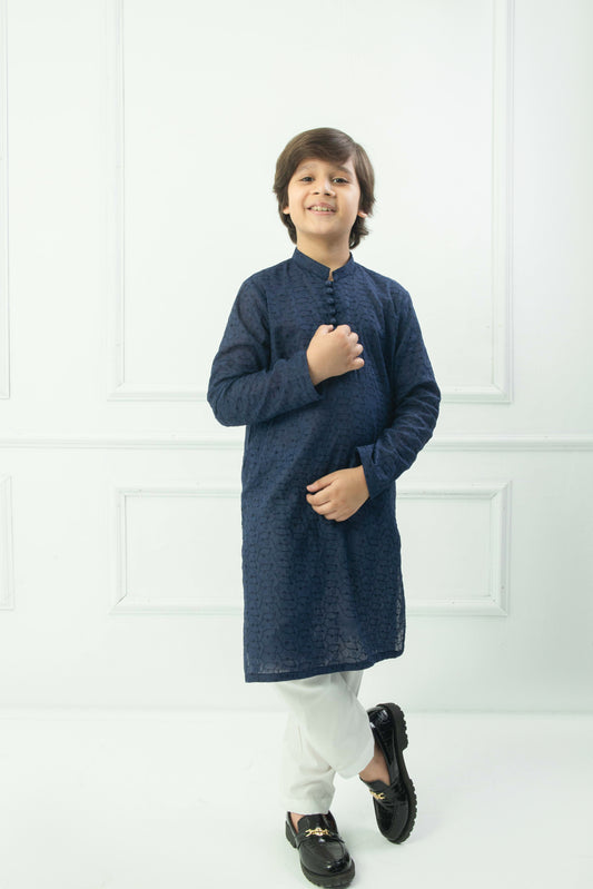 Navy blue kurta with white pajama