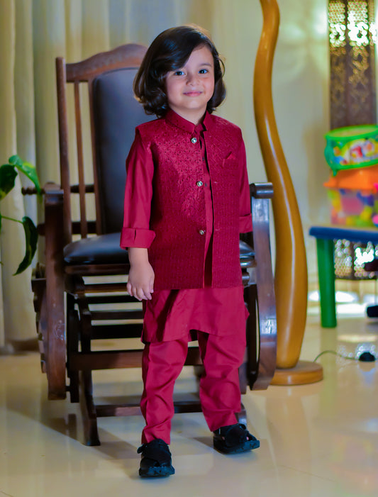 Red kurta pajama with waistcoat