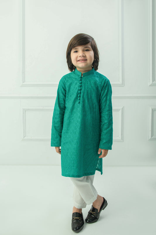 Sea green kurta with white pajama